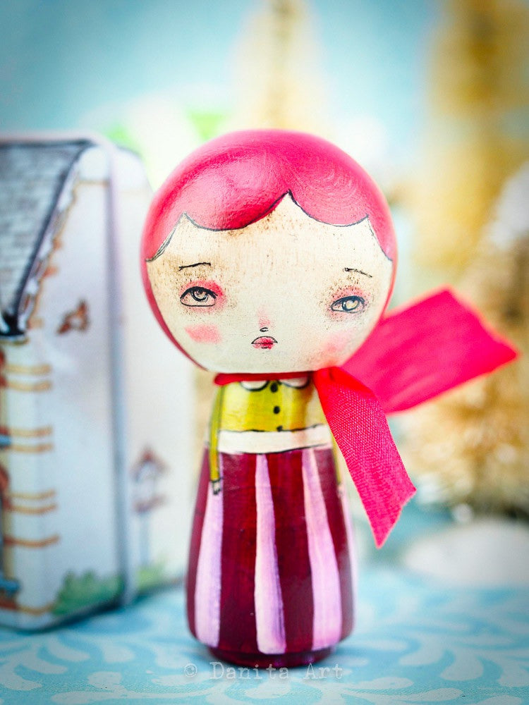 Pink Winter Kokeshi with Tin House, Miniature Dolls by Danita Art
