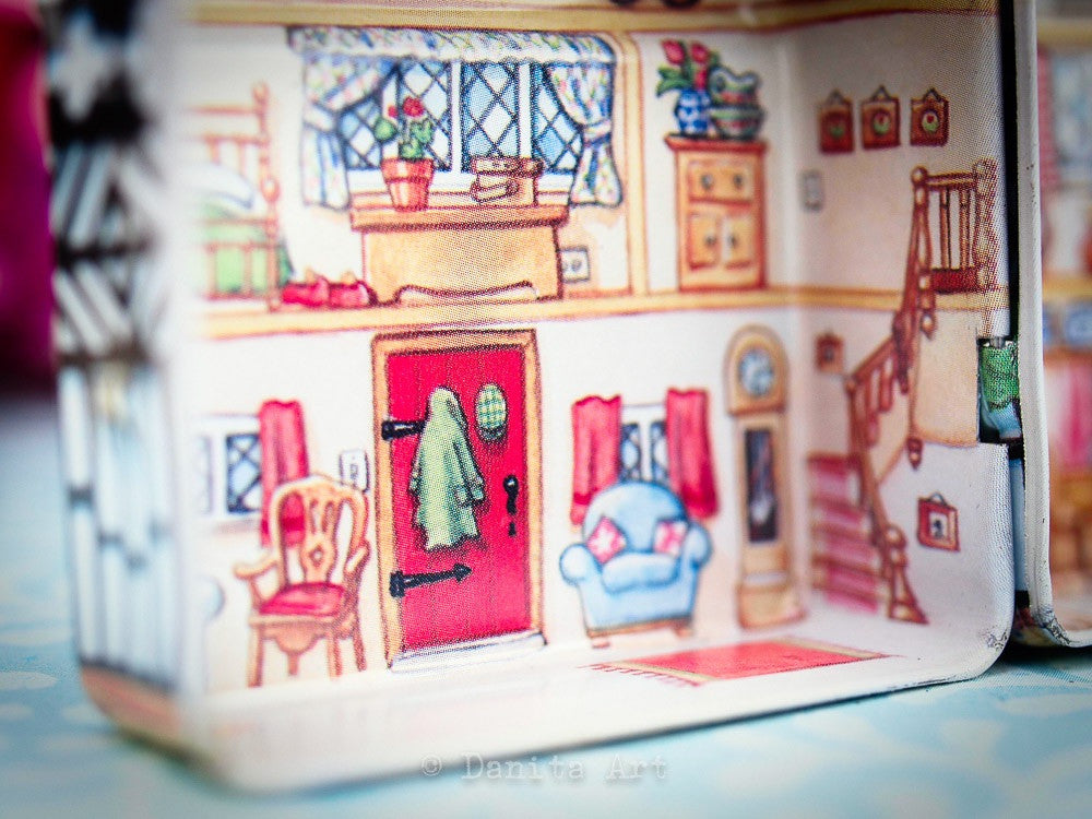 Violet Winter Kokeshi with Tin House, Miniature Dolls by Danita Art