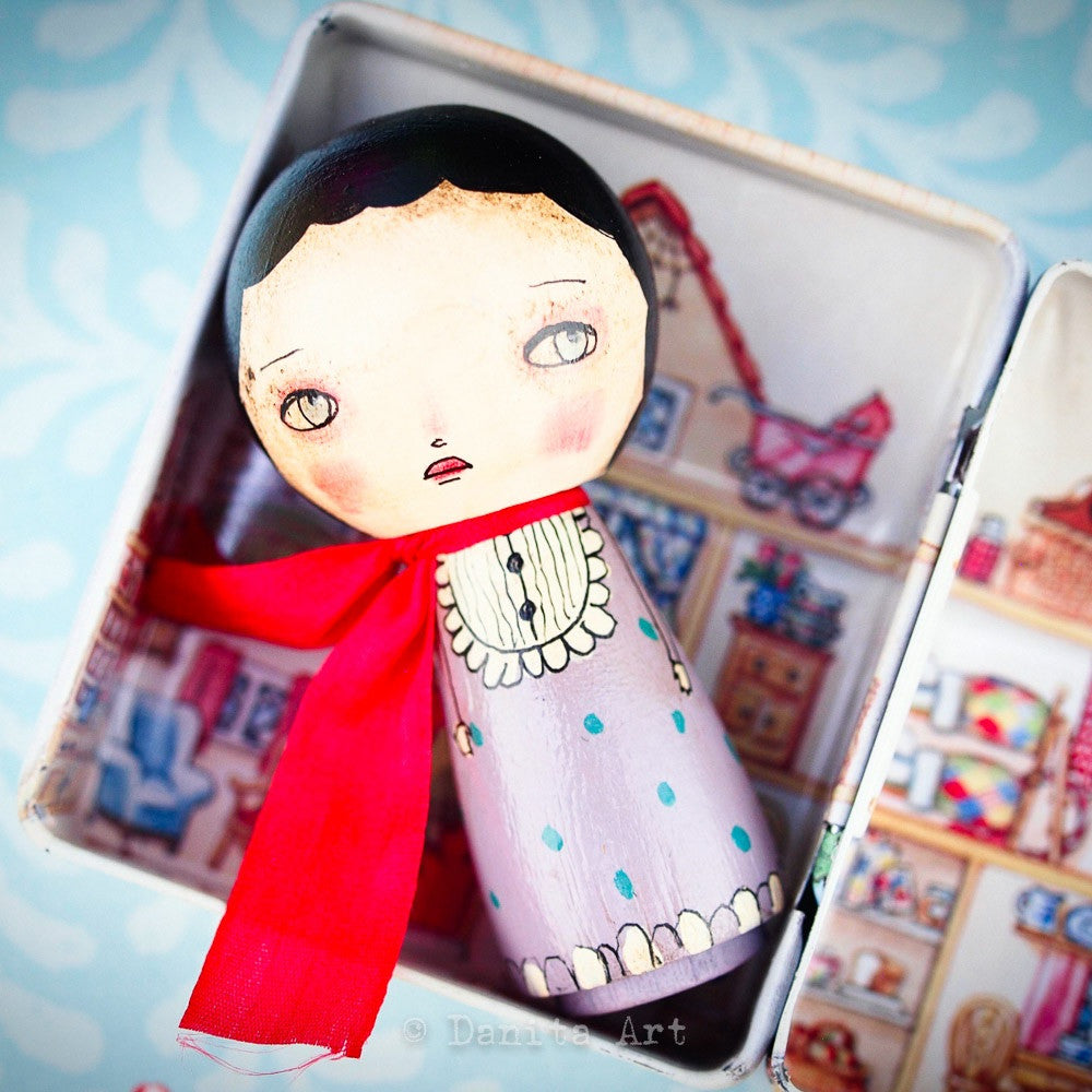 Violet Winter Kokeshi with Tin House, Miniature Dolls by Danita Art