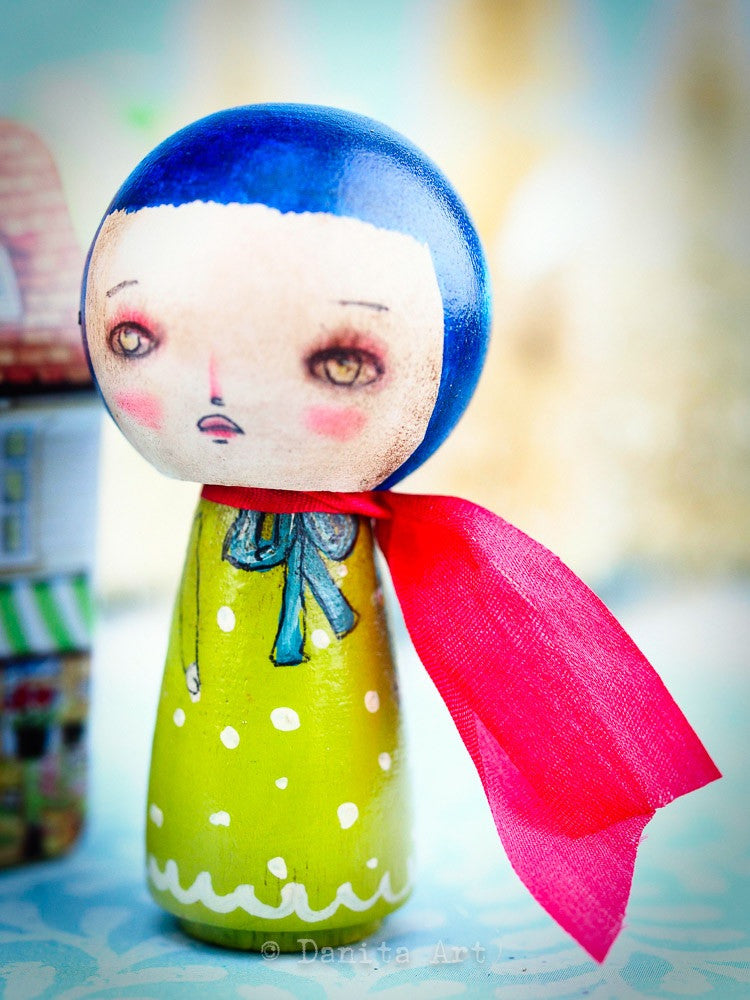 Green Winter Kokeshi with Tin House, Miniature Dolls by Danita Art