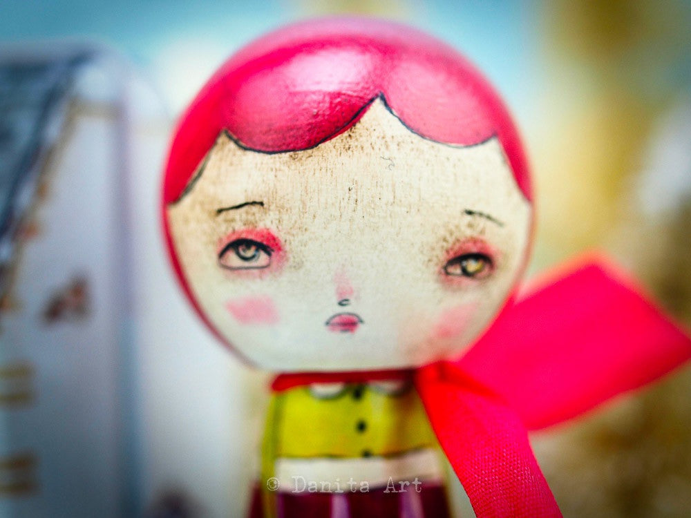 Pink Winter Kokeshi with Tin House, Miniature Dolls by Danita Art