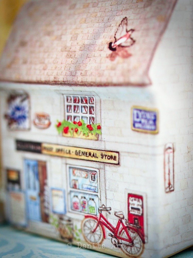 Teal Winter Kokeshi with Tin House, Miniature Dolls by Danita Art