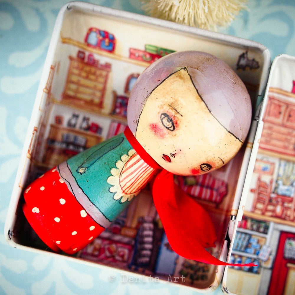 Teal Winter Kokeshi with Tin House, Miniature Dolls by Danita Art