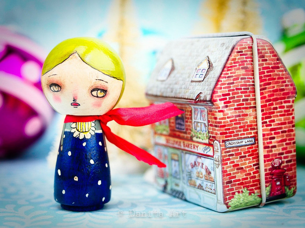 Midnight Blue Winter Kokeshi with Tin House, Miniature Dolls by Danita Art