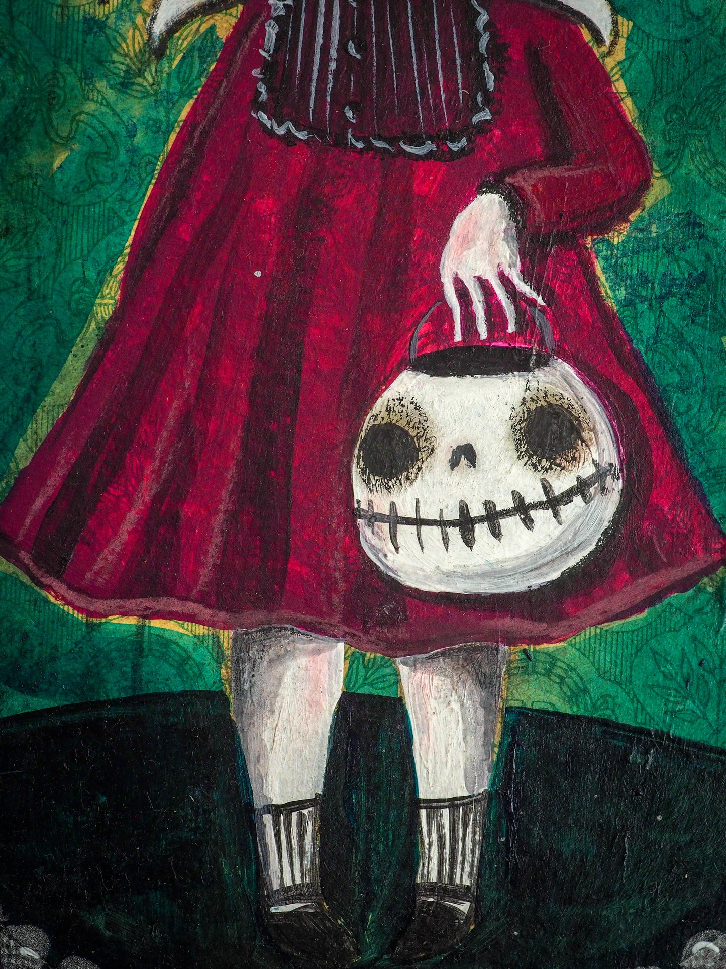 Original painting by Danita, a vampire undead zombie ghoul girl with Halloween with a skull pumpkin jack-o-lantern in her arms. Whimsical and surreal art perfect as home decor this Halloween Night.