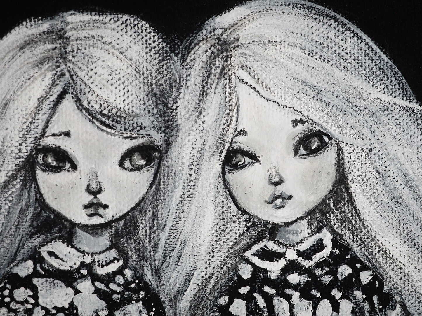 Two sisters travel the afterlife in ghost world on this amazing mixed media Halloween painting by Danita Art. The surreal link between twin girls and their spirits keeping together in afterlife make up for a beautiful monochrome original painting by Danita Art.