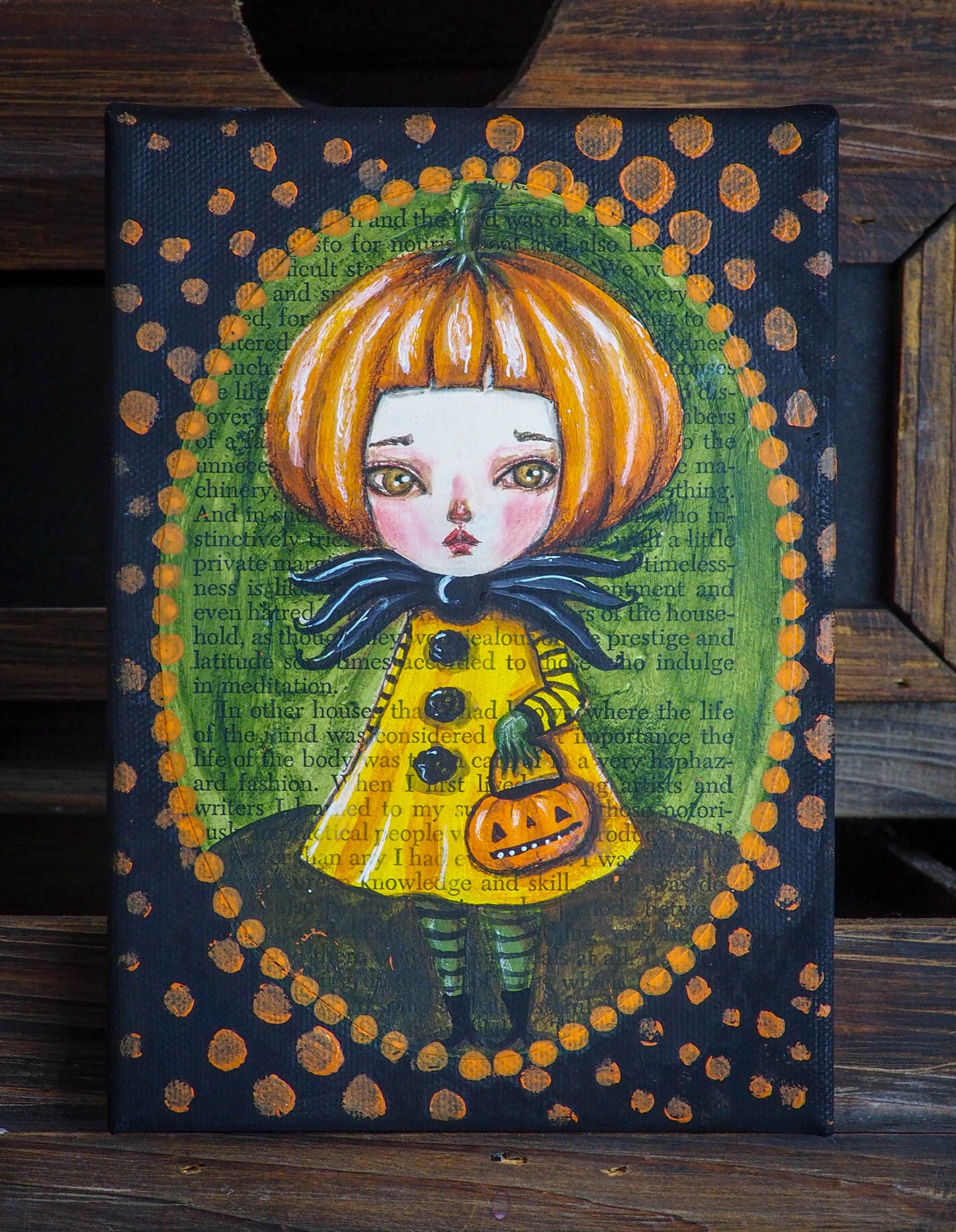 Original mixed media watercolor acrylic and pastel Halloween jack-o-lantern pumpkin girl painting by Danita Art