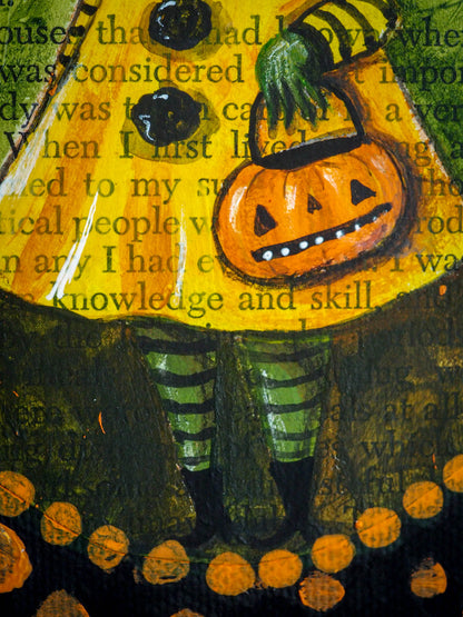 Original mixed media watercolor acrylic and pastel Halloween jack-o-lantern pumpkin girl painting by Danita Art