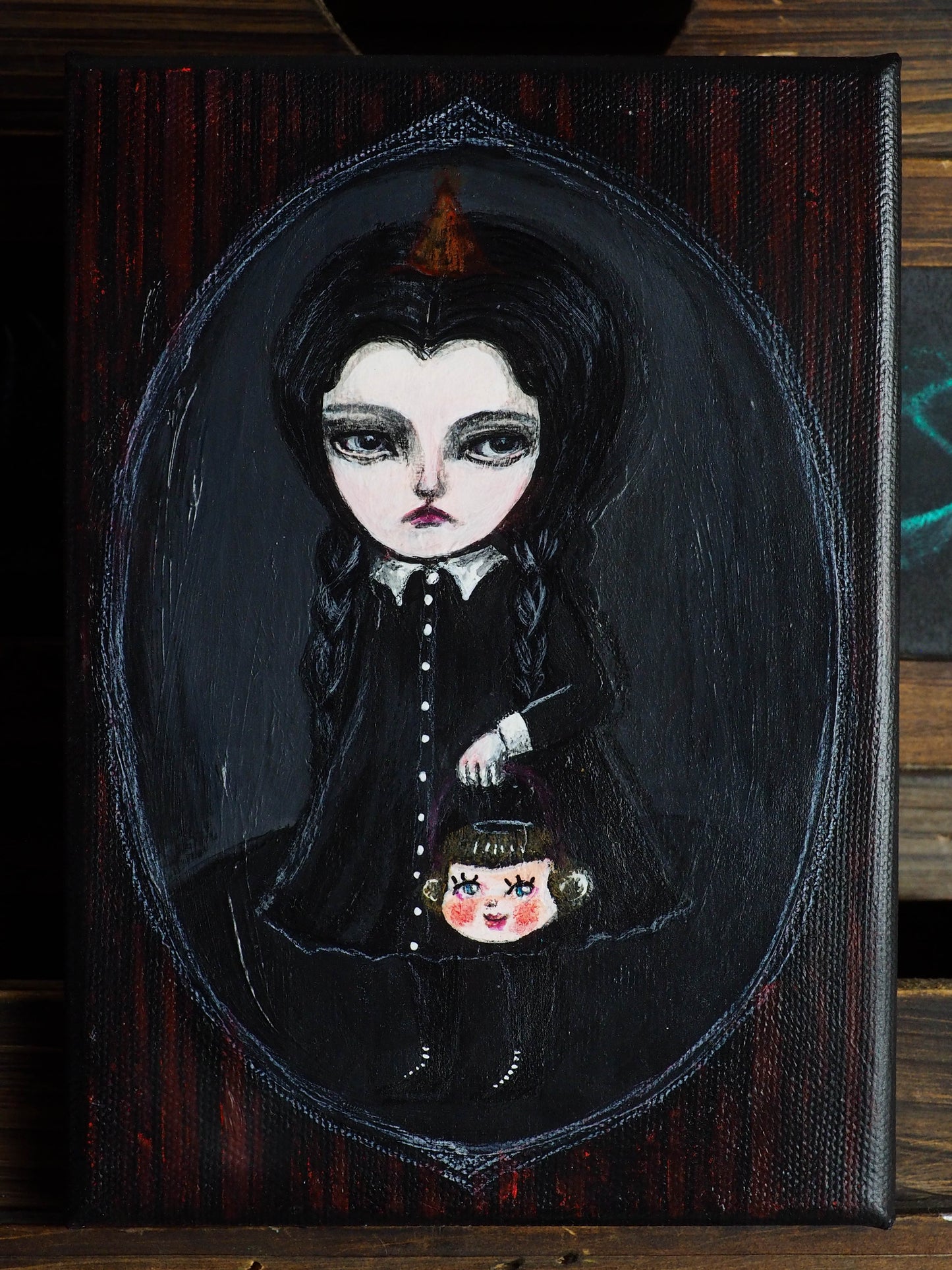 Wednesday Addams as an original mixed media Halloween art painting by Danita Art. The mysterious TV Character from the Addams Family is now a whimsical fan art illustration by Danita.