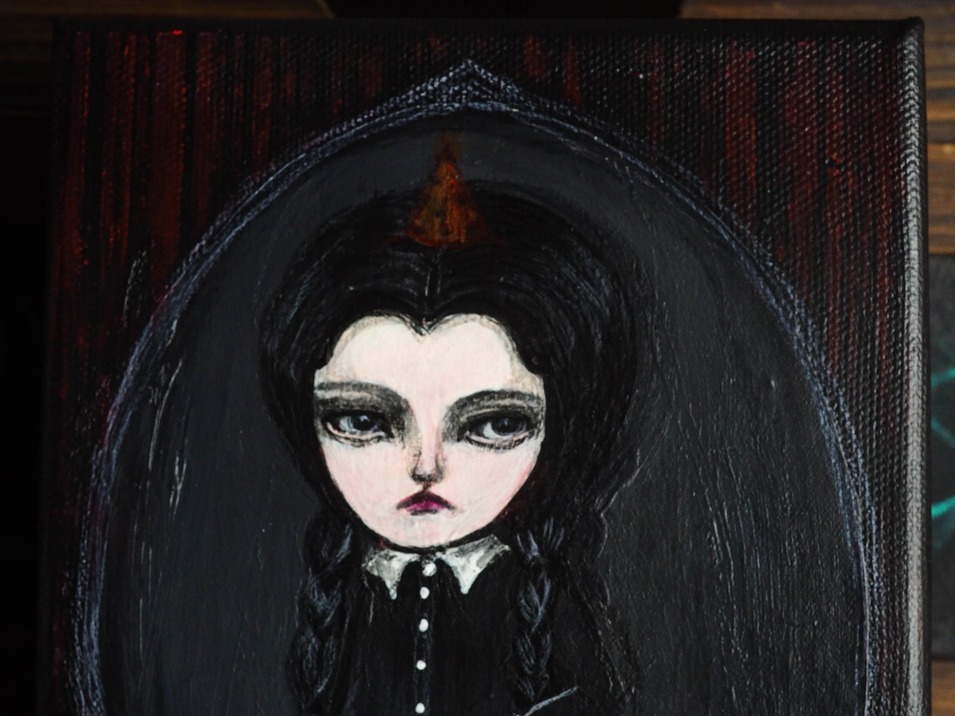 Wednesday Addams as an original mixed media Halloween art painting by Danita Art. The mysterious TV Character from the Addams Family is now a whimsical fan art illustration by Danita.