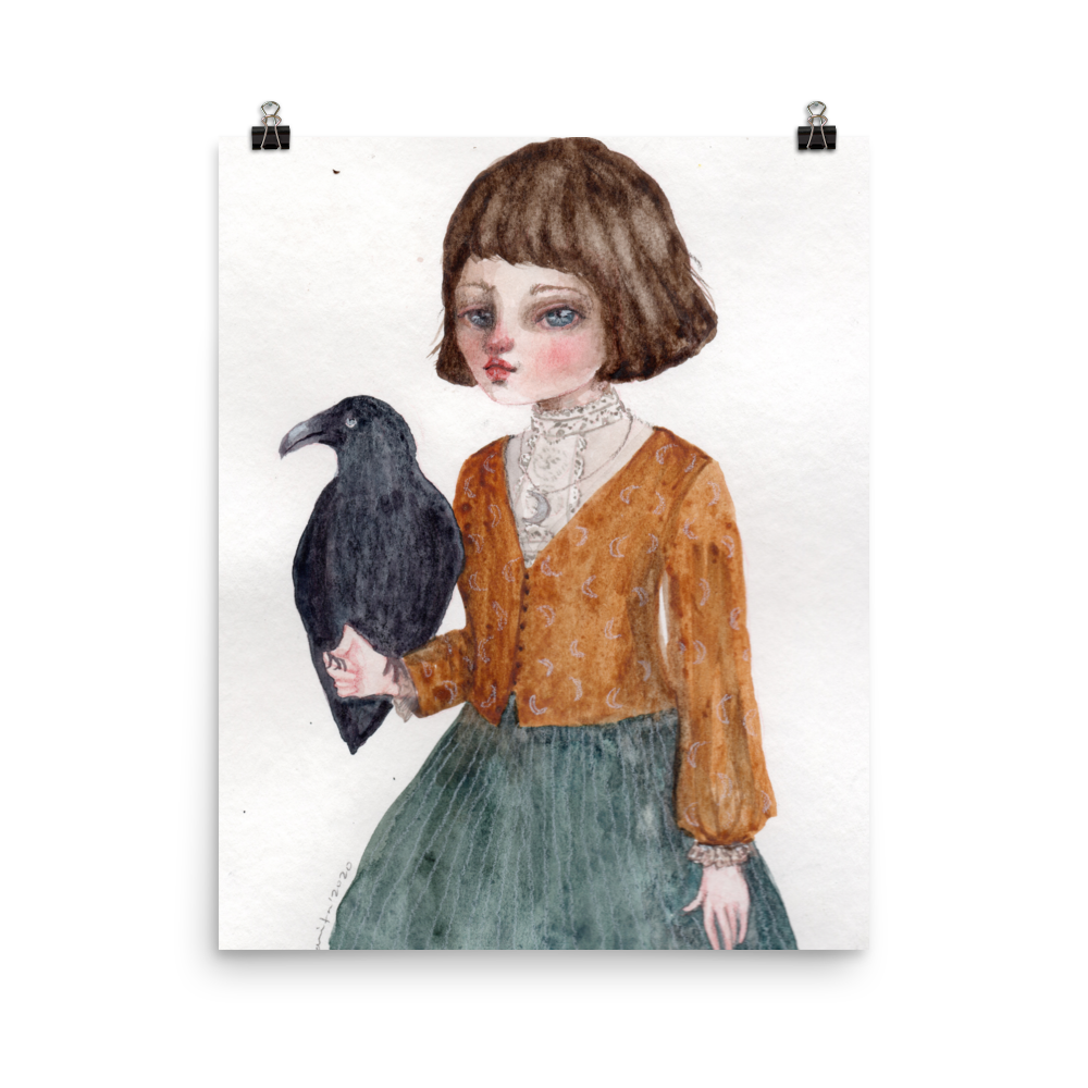 Raven Crow Bird Animal Girl Watercolor Painting by Idania Salcido Danita Art. Did you miss you favorite painting from Idania Salcido, the artist behind Danita Art? Or maybe you are looking for something beautiful to fill a frame or hang on a wall and the original is no longer available? You can get it as a print from my shop! Printed as Museum-quality posters made on thick durable matte paper.